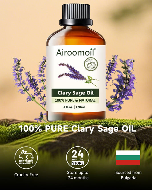 Close-up of Clary Sage essential oil bottle label and dropper