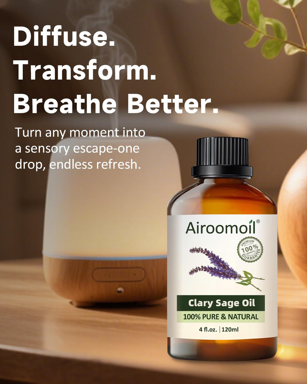 Room diffuser dispersing Clary Sage aroma in a living space