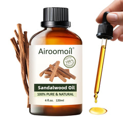 Airoomoil Sandalwood Essential Oil in amber glass bottle with dropper