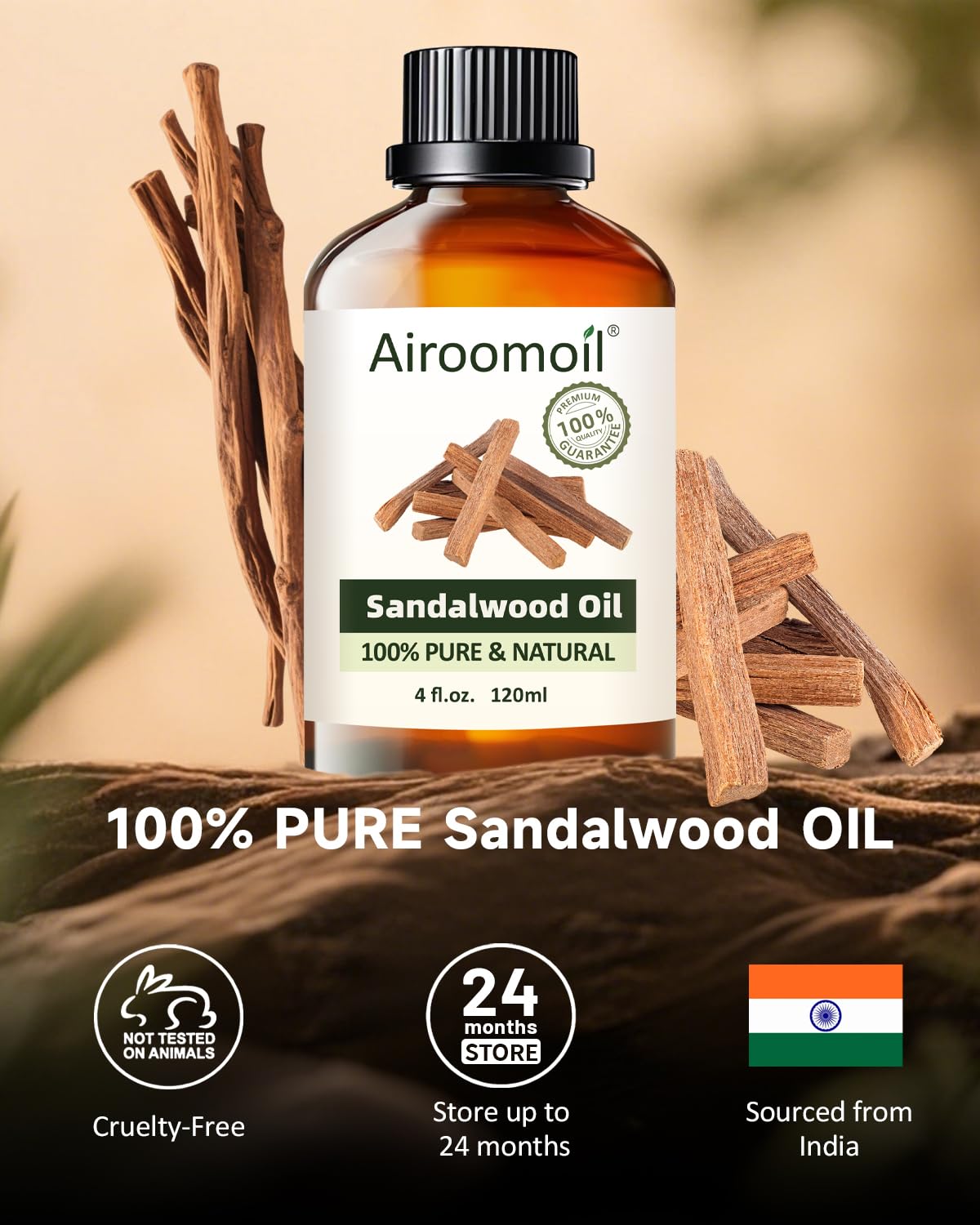 Close-up of Airoomoil sandalwood essential oil bottle