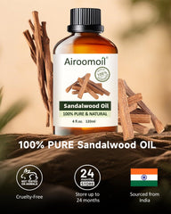 Close-up of Airoomoil sandalwood essential oil bottle