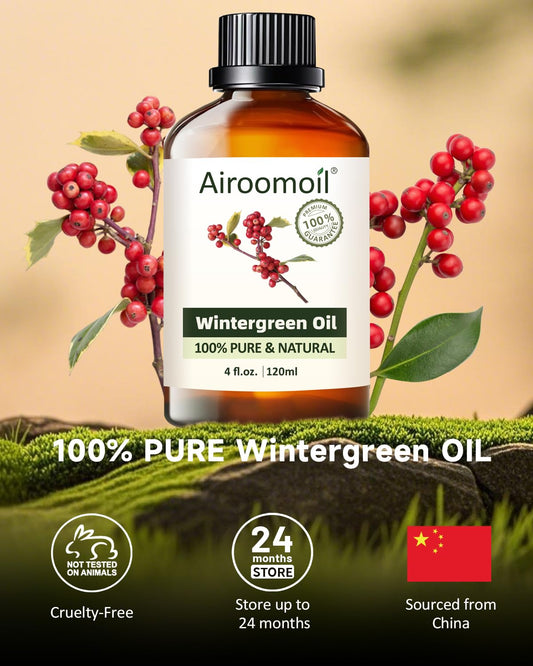 Close-up of Airoomoil Wintergreen Essential Oil label