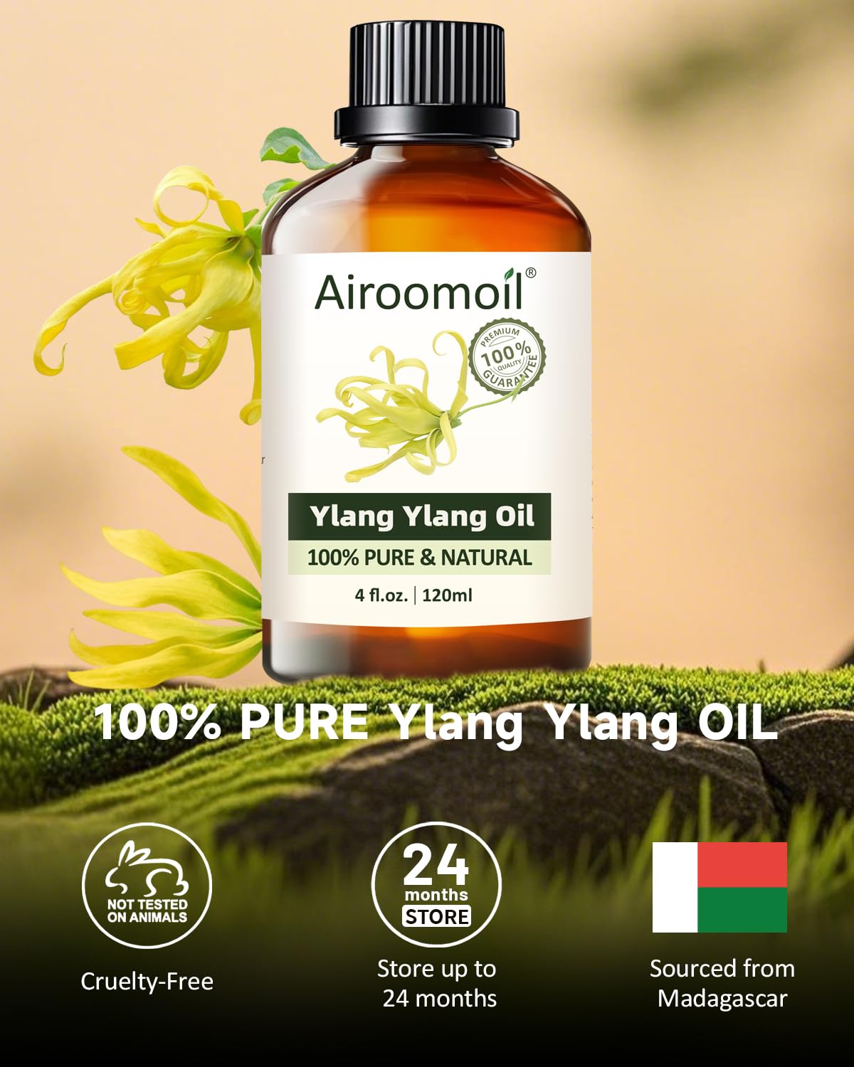 Close-up of Airoomoil Ylang Ylang essential oil bottle label
