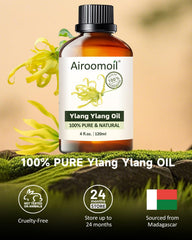 Close-up of Airoomoil Ylang Ylang essential oil bottle label