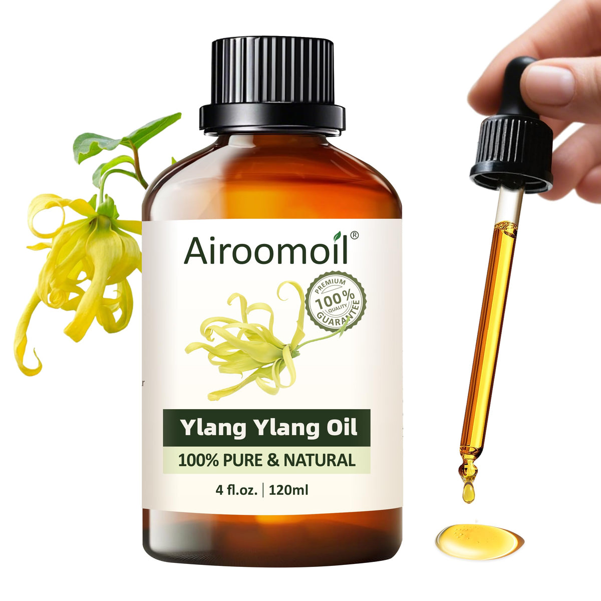 Airoomoil Ylang Ylang essential oil bottle, front view, 4 oz / 120 ml