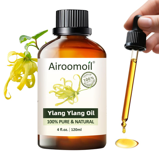 Airoomoil Ylang Ylang essential oil bottle, front view, 4 oz / 120 ml