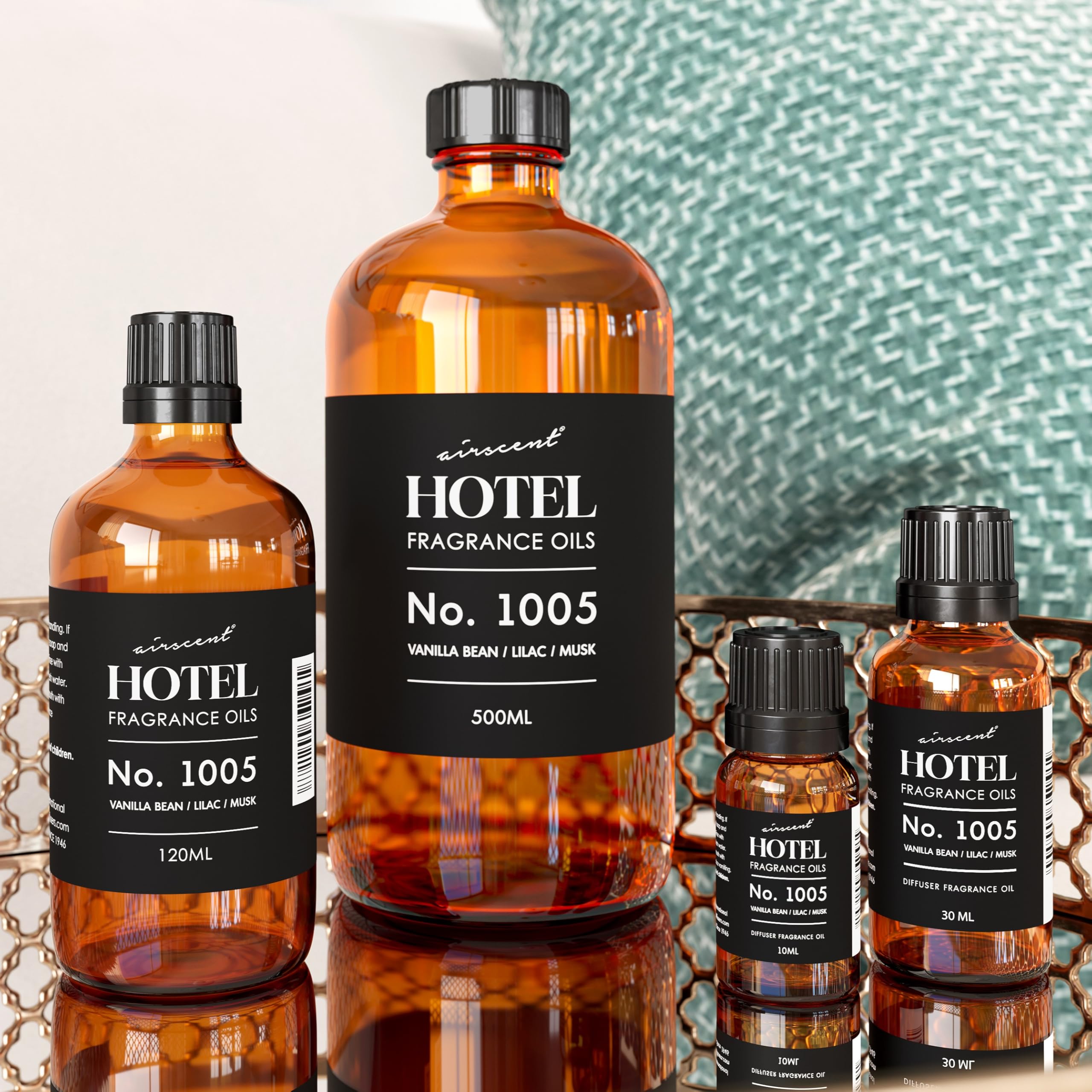 Six 120 mL glass fragrance bottles displayed
