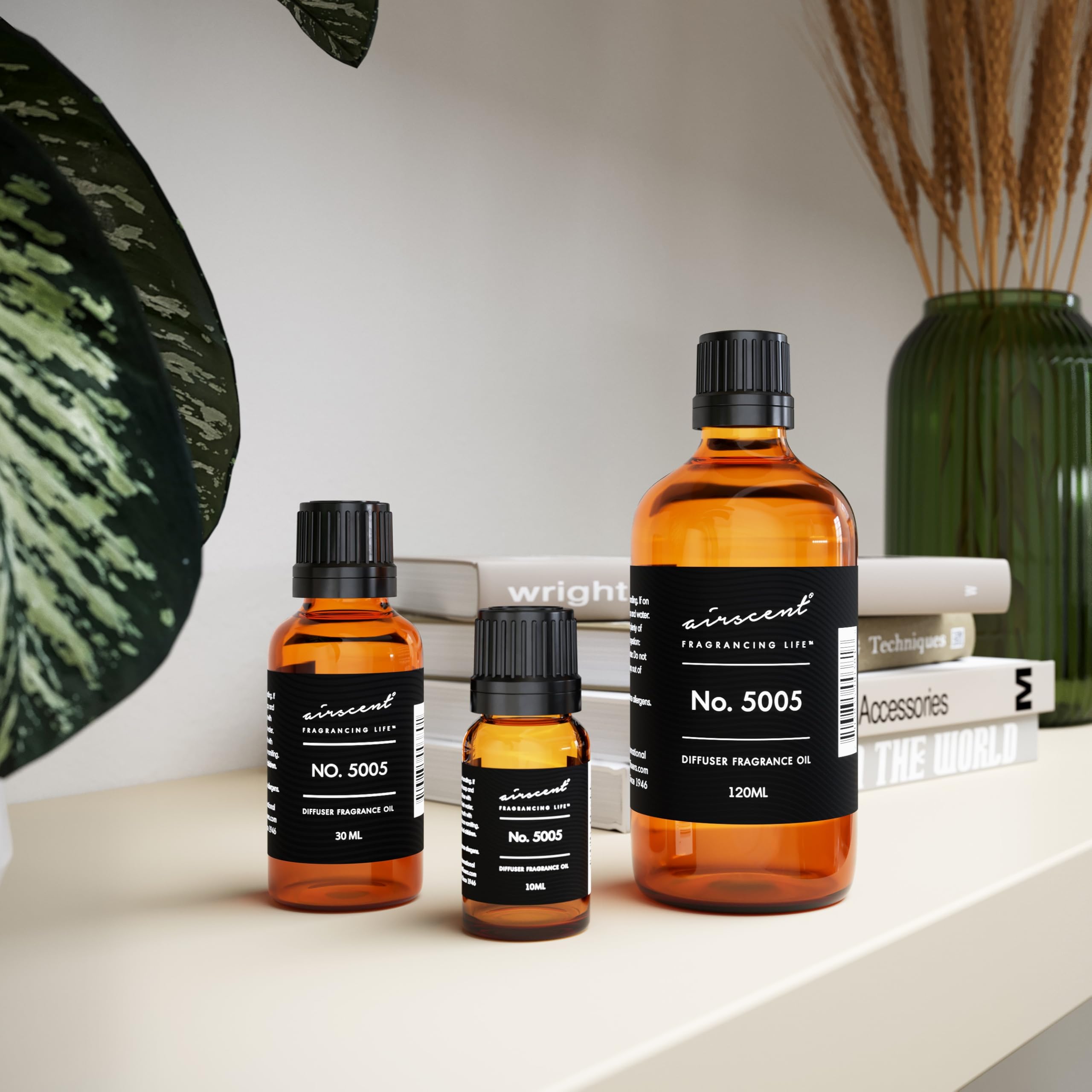 Close-up of AirScent Oud Wood Diffuser Oil No. 5005 bottle with dropper