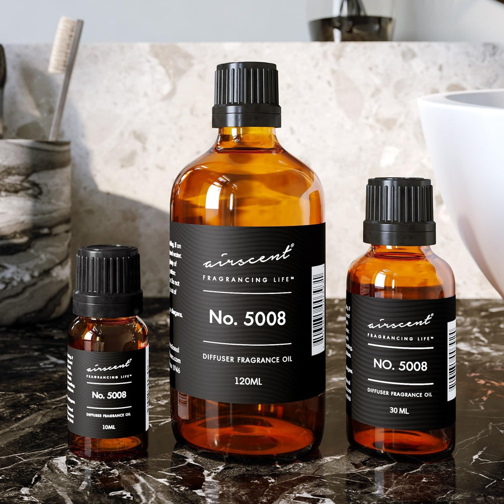 Close-up of diffuser oil droplets and label No. 5008