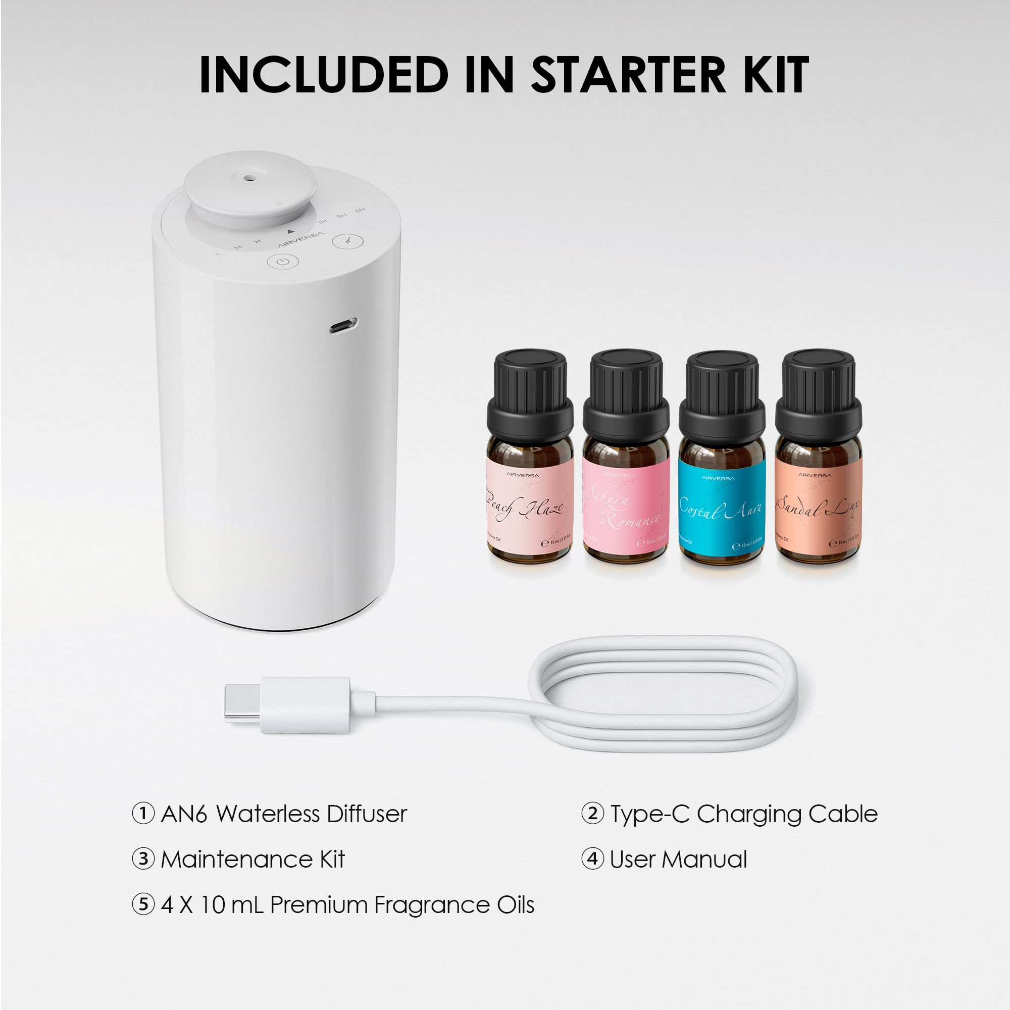 Wide view of Airversa diffuser with four oil bottles on a desk