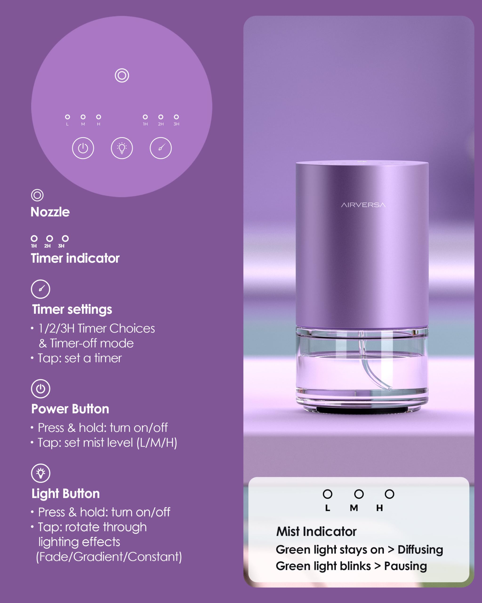 Ambient LED light modes on Airversa lavender diffuser