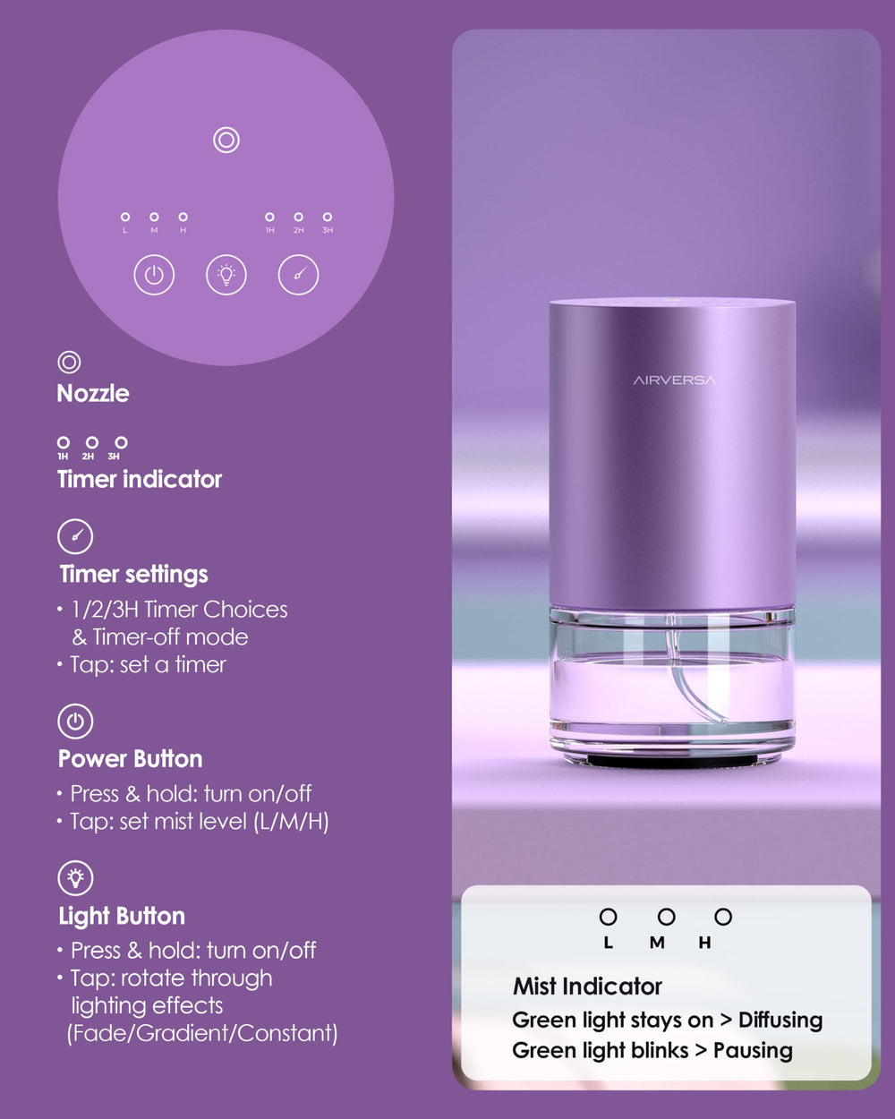 Ambient LED light modes on Airversa lavender diffuser