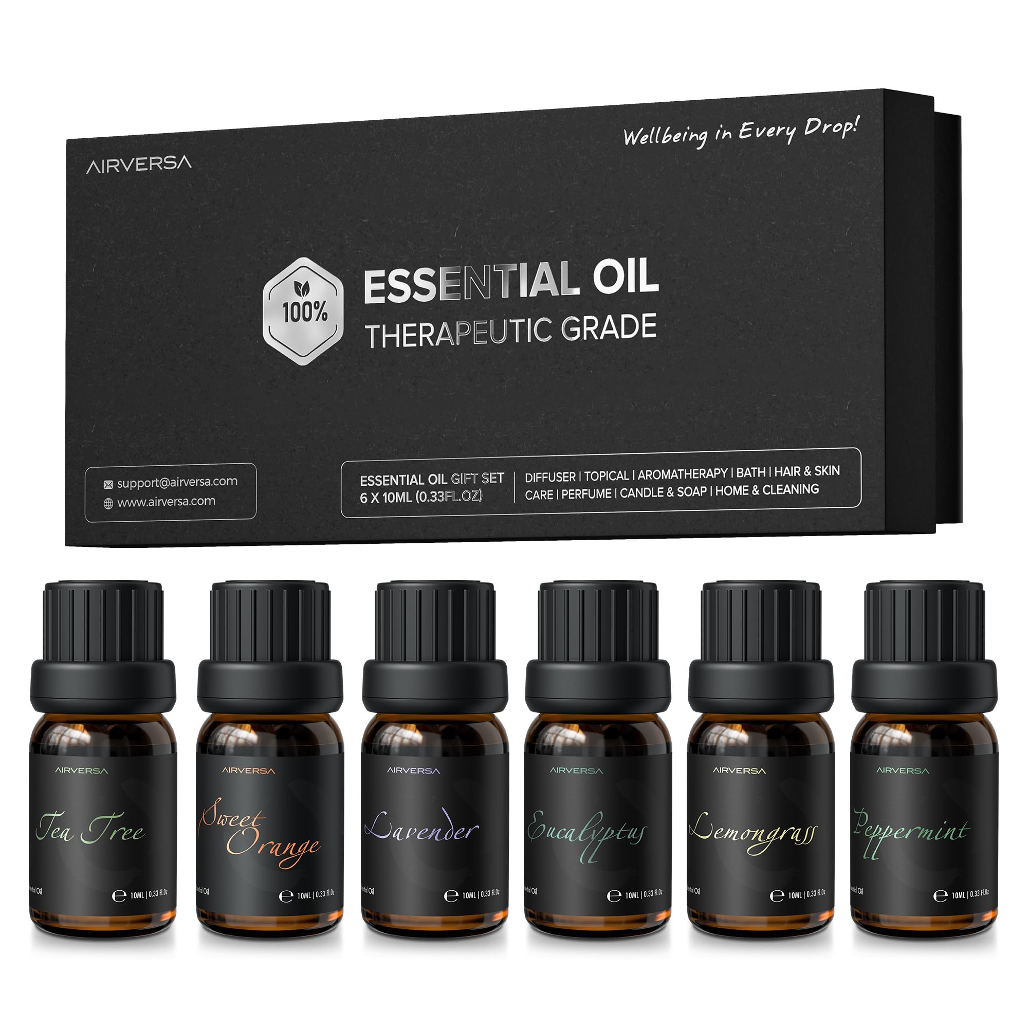 Airversa Top 6 Aromatherapy Oils Set 10mL bottles (Eucalyptus, Lavender, Lemongrass, Sweet Orange, Peppermint, Tea Tree)