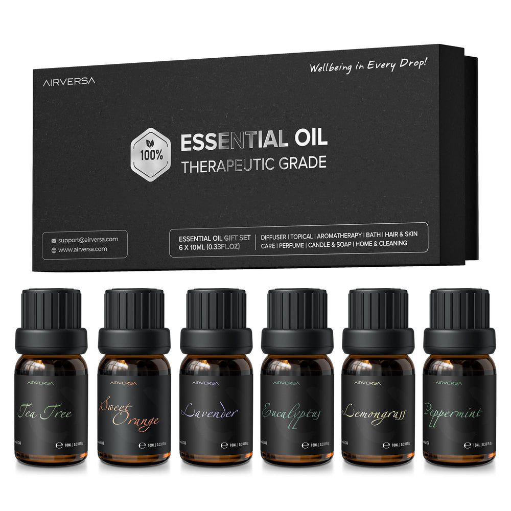 Airversa Top 6 Aromatherapy Oils Set 10mL bottles (Eucalyptus, Lavender, Lemongrass, Sweet Orange, Peppermint, Tea Tree)