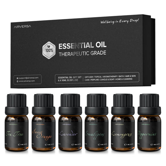 Airversa Top 6 Aromatherapy Oils Set 10mL bottles (Eucalyptus, Lavender, Lemongrass, Sweet Orange, Peppermint, Tea Tree)