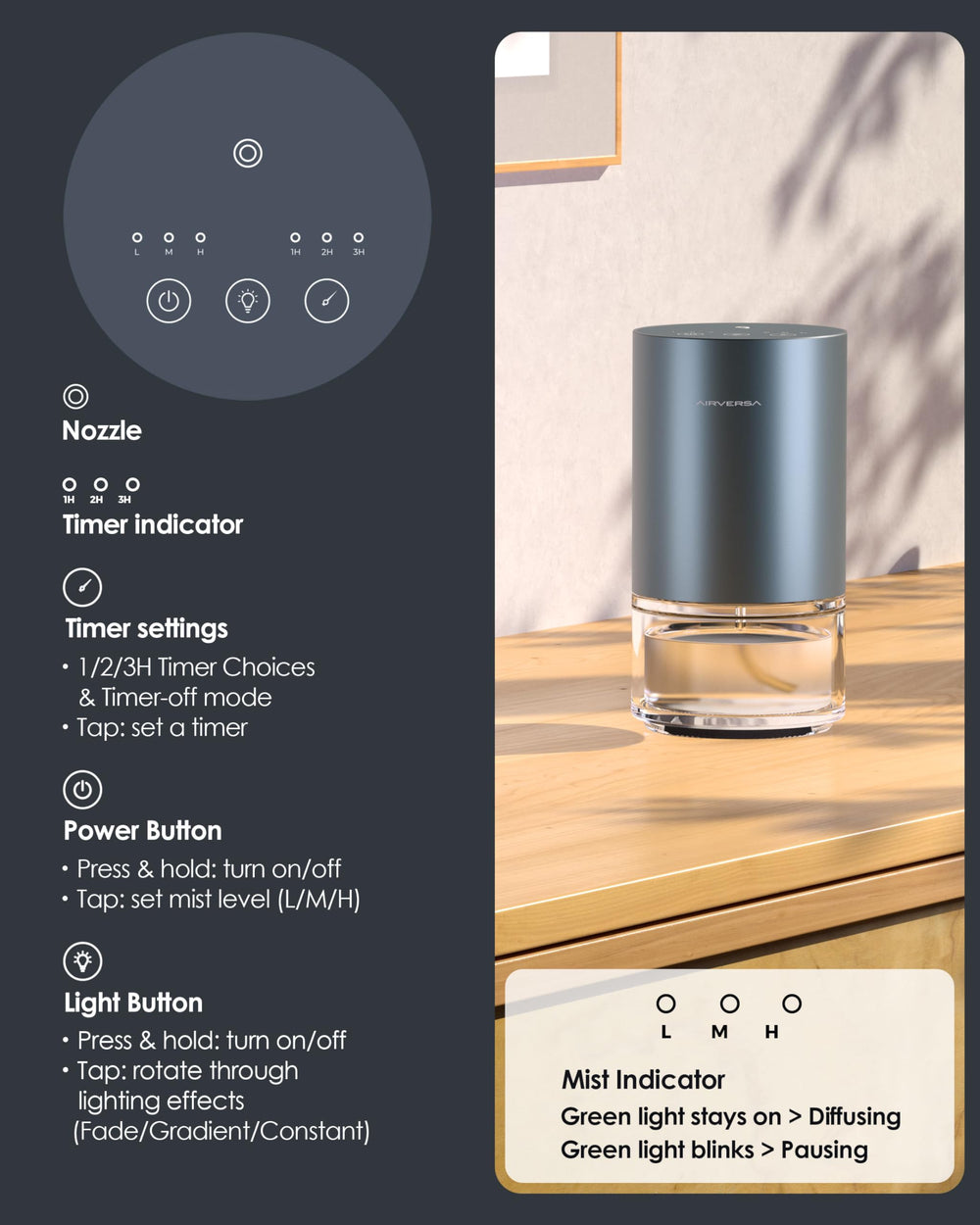 Airversa diffuser offers three mist settings for customizable fragrance.