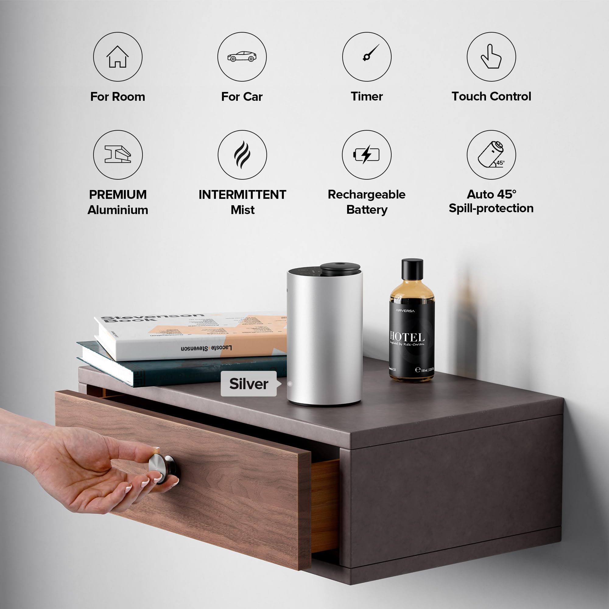 Airversa car diffuser placed in a cup holder with USB-C charging