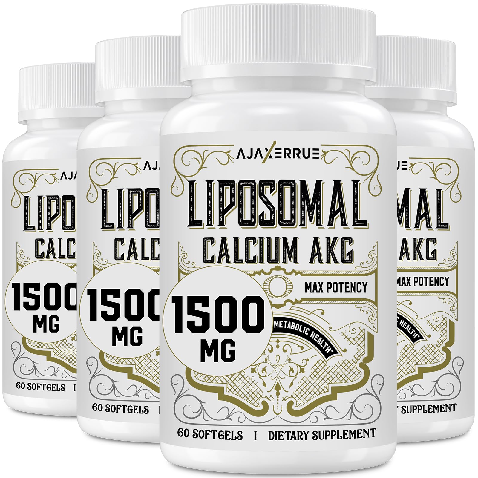 Ajaxerrue Liposomal Ca AKG bottle highlights enhanced absorption for better uptake.