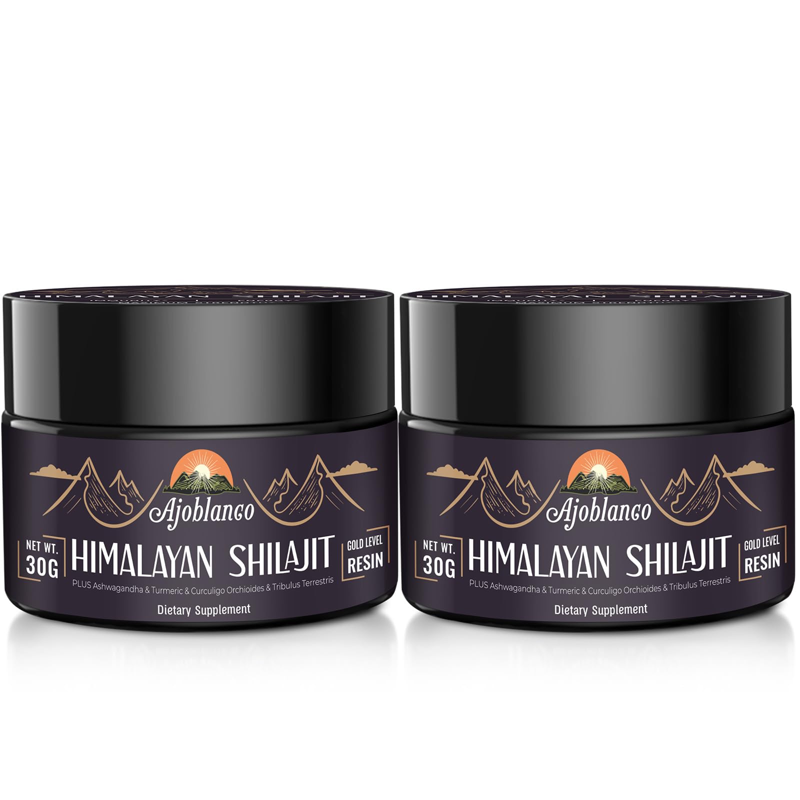 Ajoblanco Himalayan Shilajit Resin bottle closeup showing purity and mineral-rich potency.