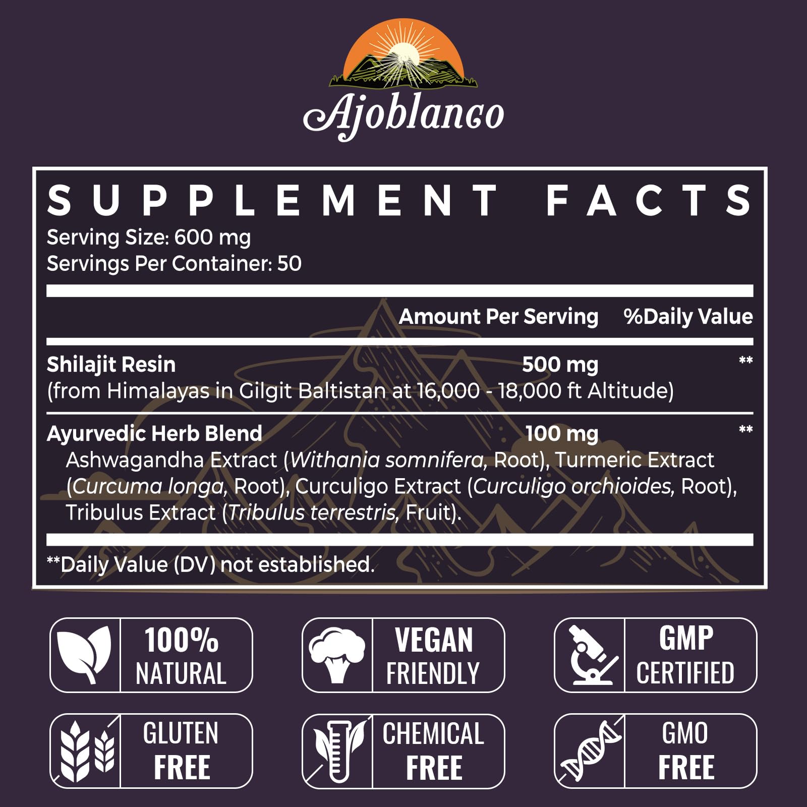 Front packaging of Ajoblanco Shilajit Resin highlighting the 600 mg serving and organic blend.