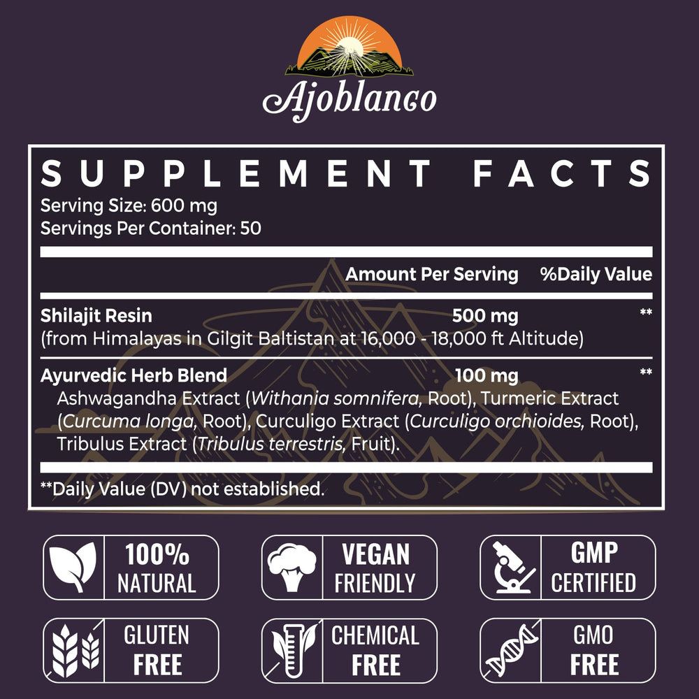 Front packaging of Ajoblanco Shilajit Resin highlighting the 600 mg serving and organic blend.