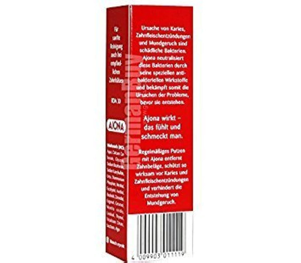 Close-up of Ajona Stomaticum toothpaste 25ml packaging label