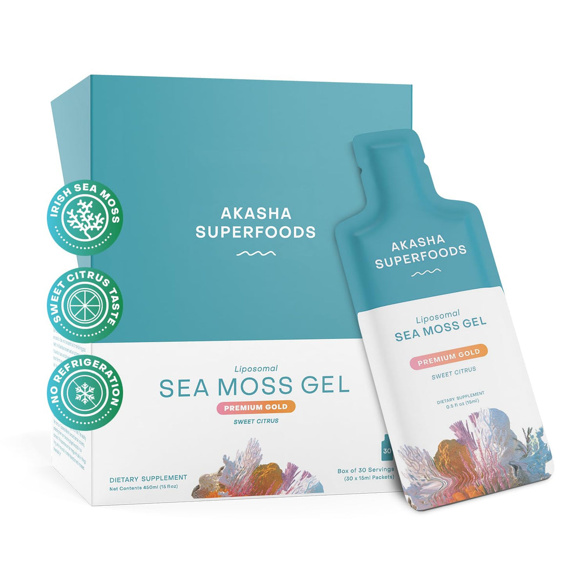 Akasha packaging for Irish Sea Moss Gel 30-count
