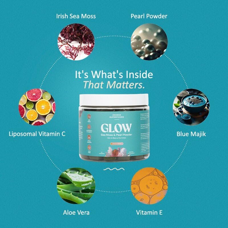 Close-up of Sea Moss Glow Gummies ingredients including Irish sea moss