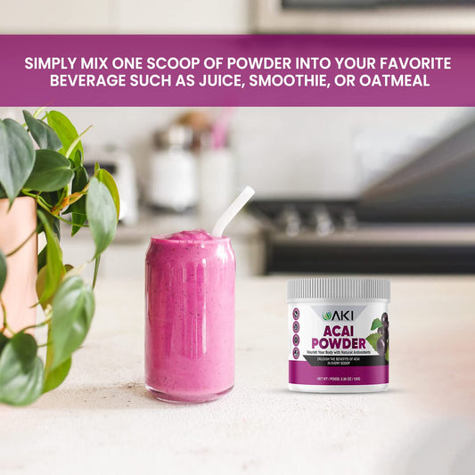 Close-up of AKI Acai Powder bottle label