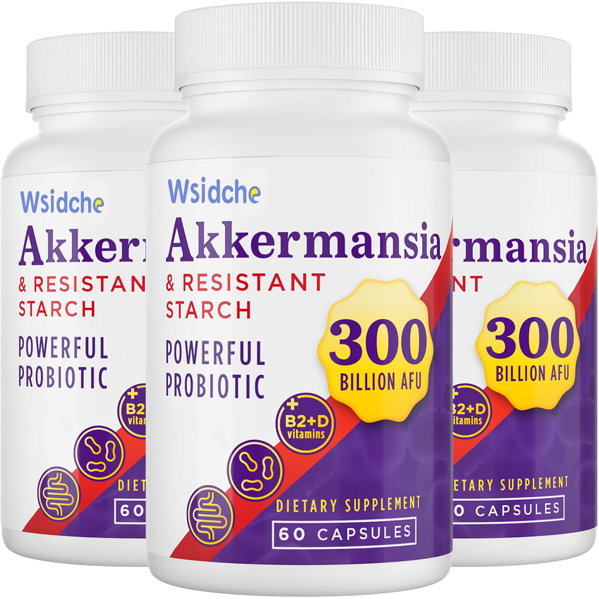 Product packaging featuring a bottle of Akkermansia probiotic with 300B AFU