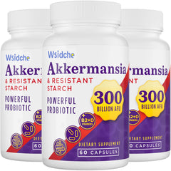 Product packaging featuring a bottle of Akkermansia probiotic with 300B AFU
