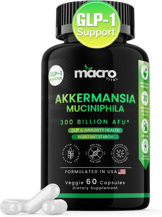 Front view of Akkermansia muciniphila 300B AFU probiotic bottle