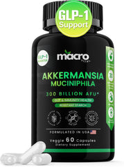 Front view of Akkermansia muciniphila 300B AFU probiotic bottle