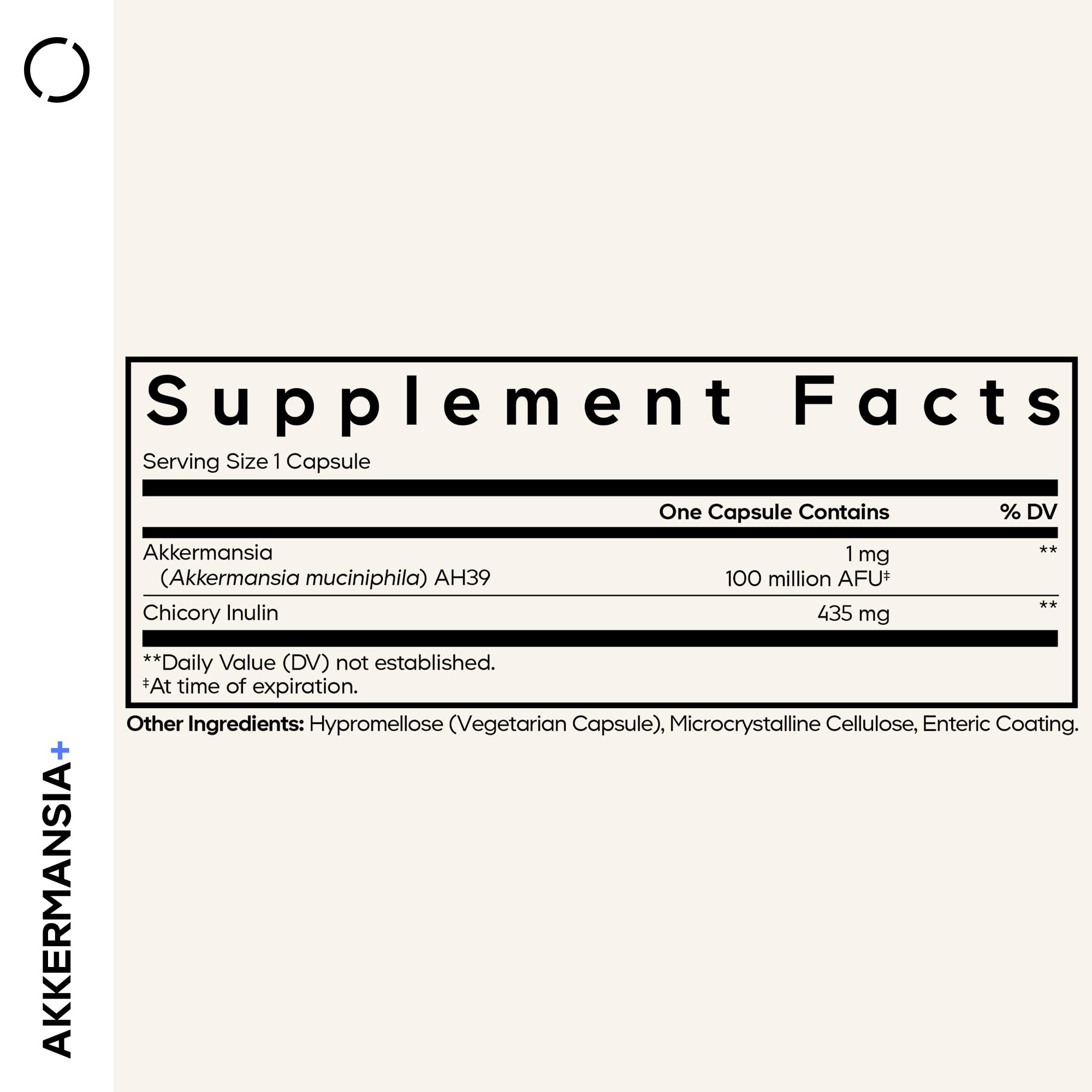 Product label showing Akkermansia Muciniphila Probiotic Supplement