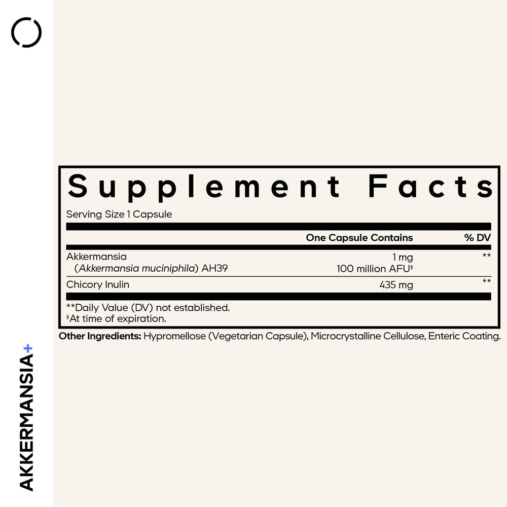 Product label showing Akkermansia Muciniphila Probiotic Supplement