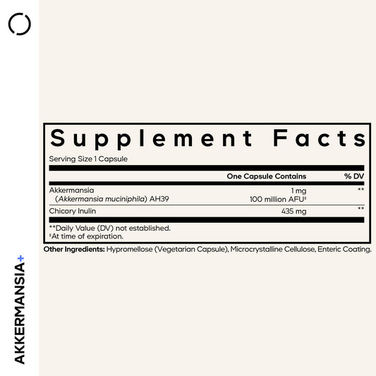 Product label showing Akkermansia Muciniphila Probiotic Supplement