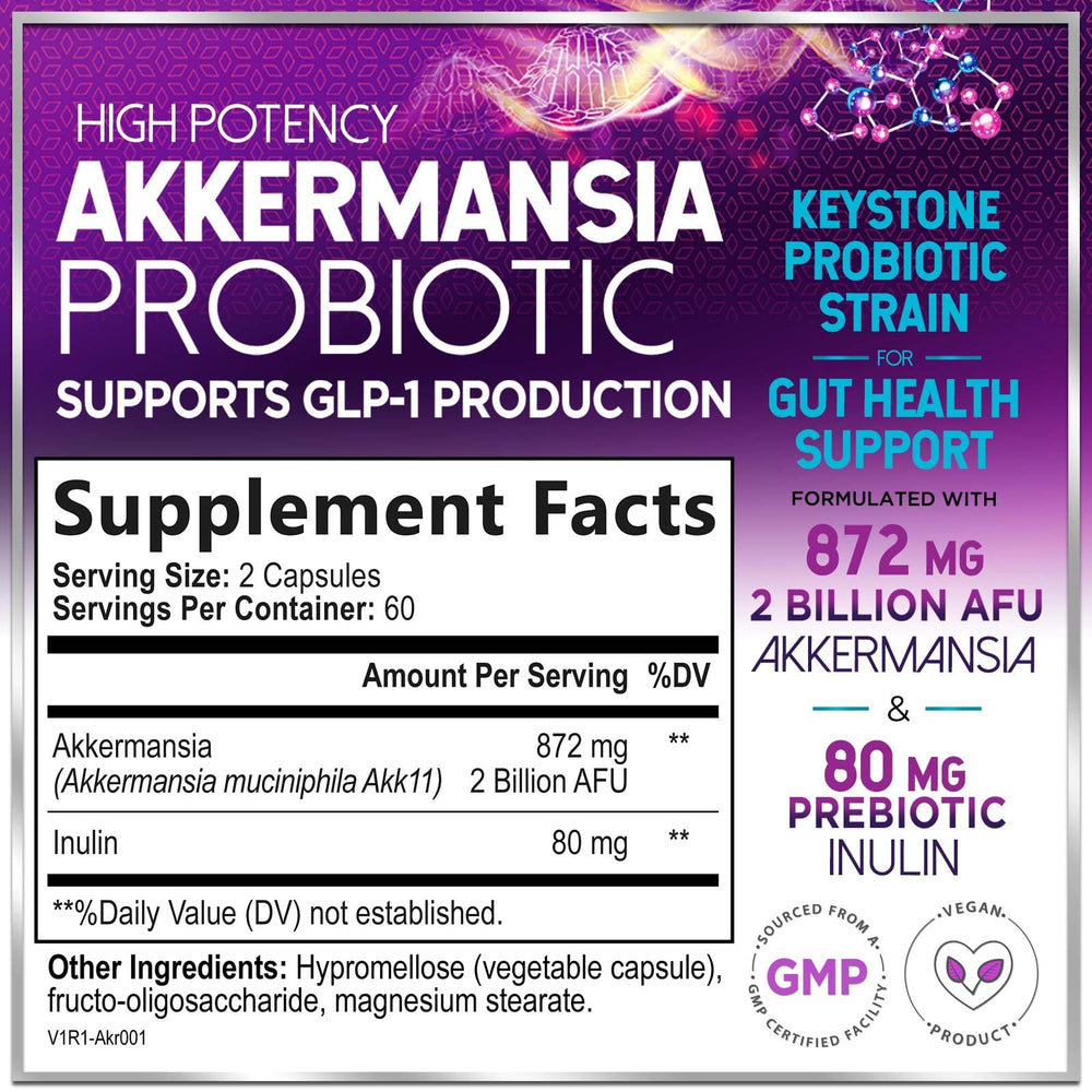 Close-up of Akkermansia Probiotic 2B AFU bottle label