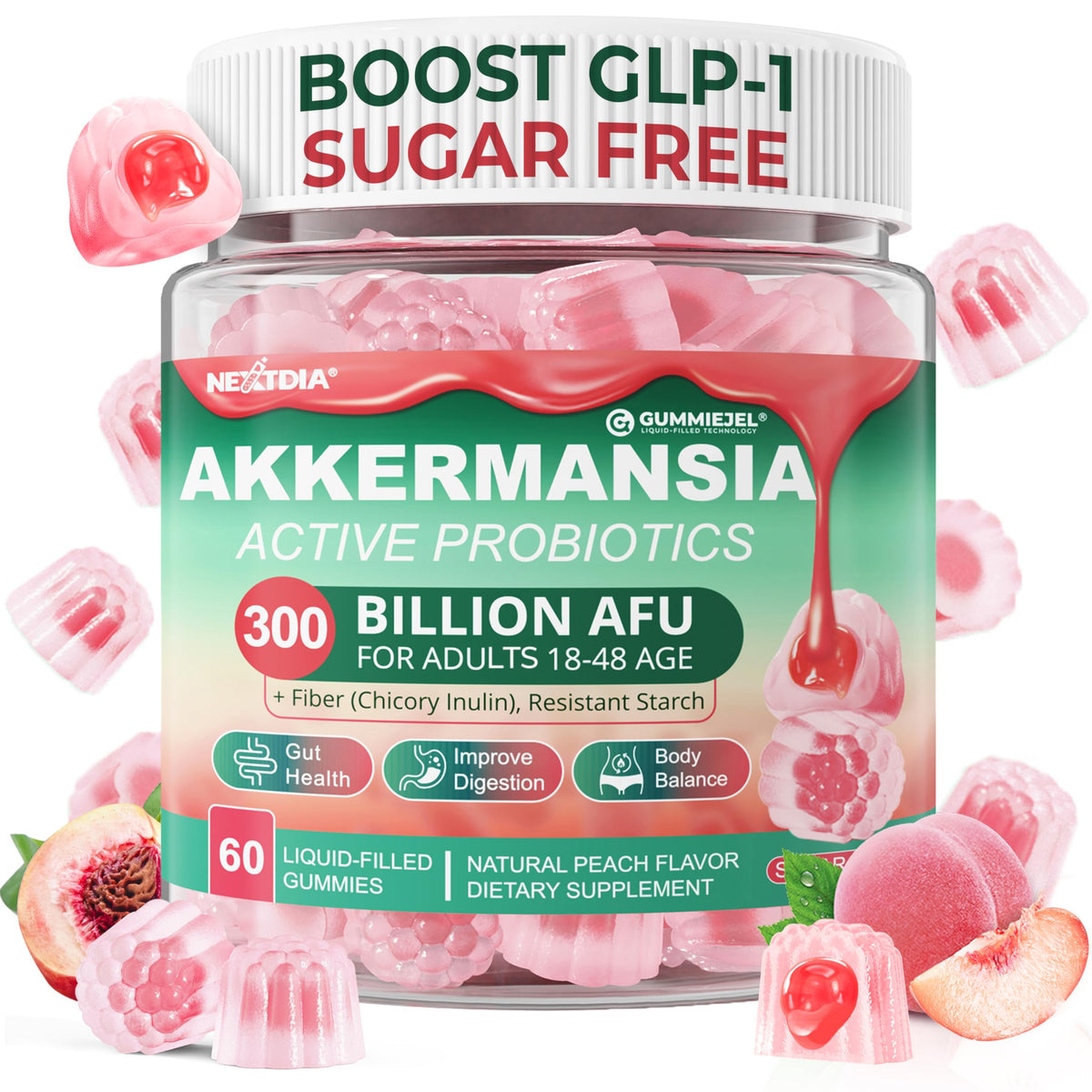 Akkermansia Probiotics Gummies bottle showing 300 Billion AFU and prebiotics