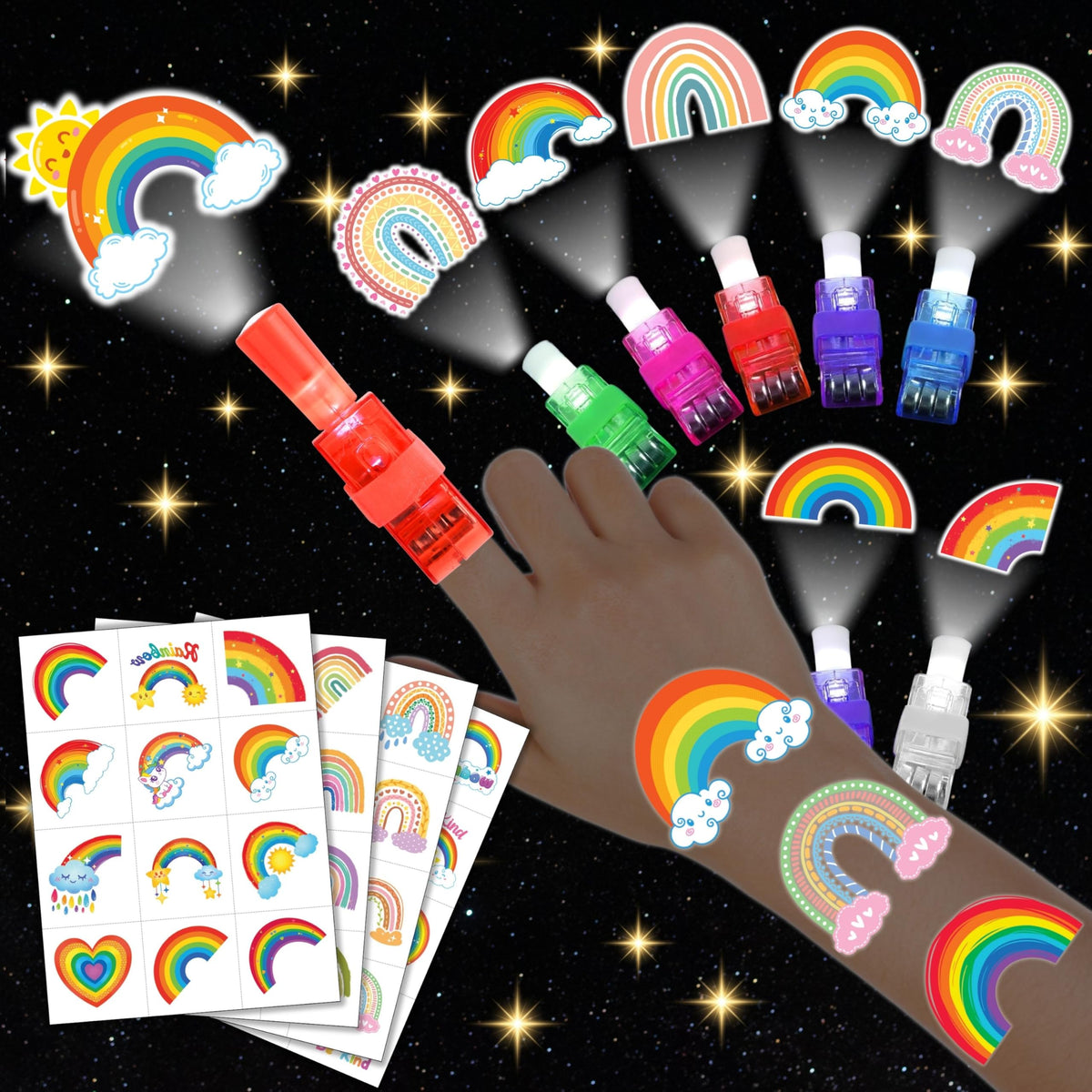AKRMABEUP rainbow finger lights showing eight designs for kid-friendly glow parties