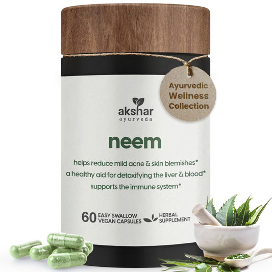 AKSHAR Ayurveda Neem Capsules bottle with Neem Extract and Neem Leaf Powder label