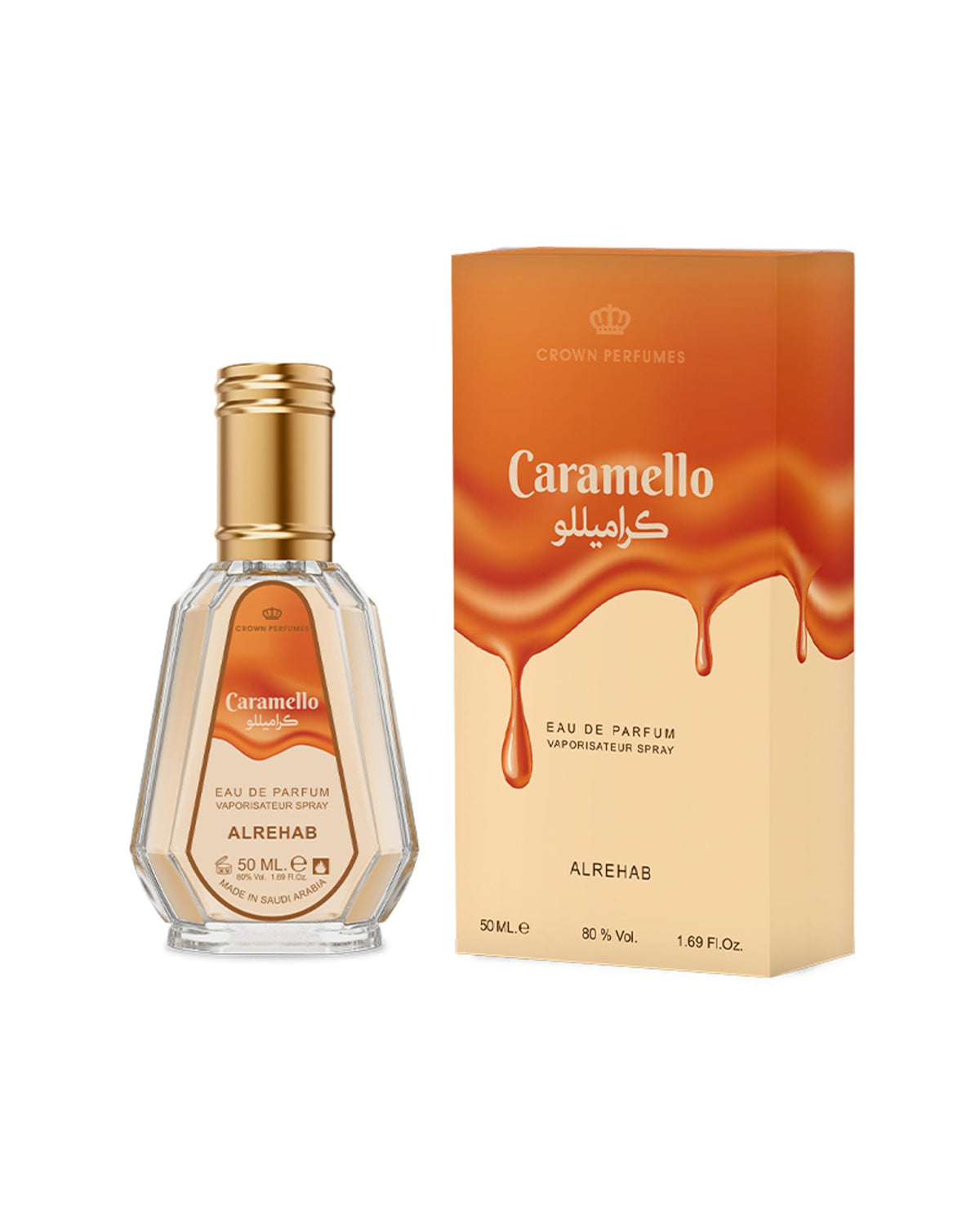 Al-Rehab Caramello bottle top view showing elegant design and caramel-inspired notes