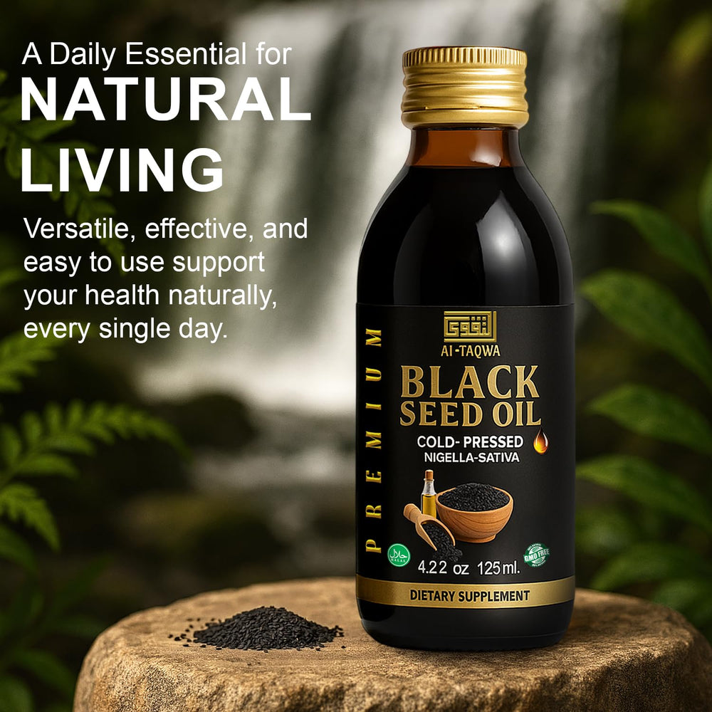 AL-TAQWA Black Seed Oil amber bottle – side view with label (125ml)