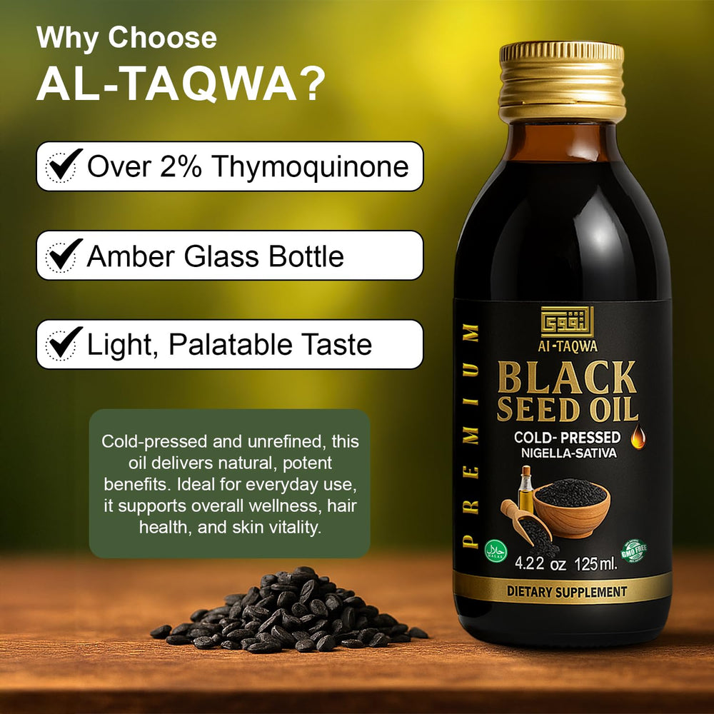 Concept image for hair and skin care using AL-TAQWA Black Seed Oil (125ml)