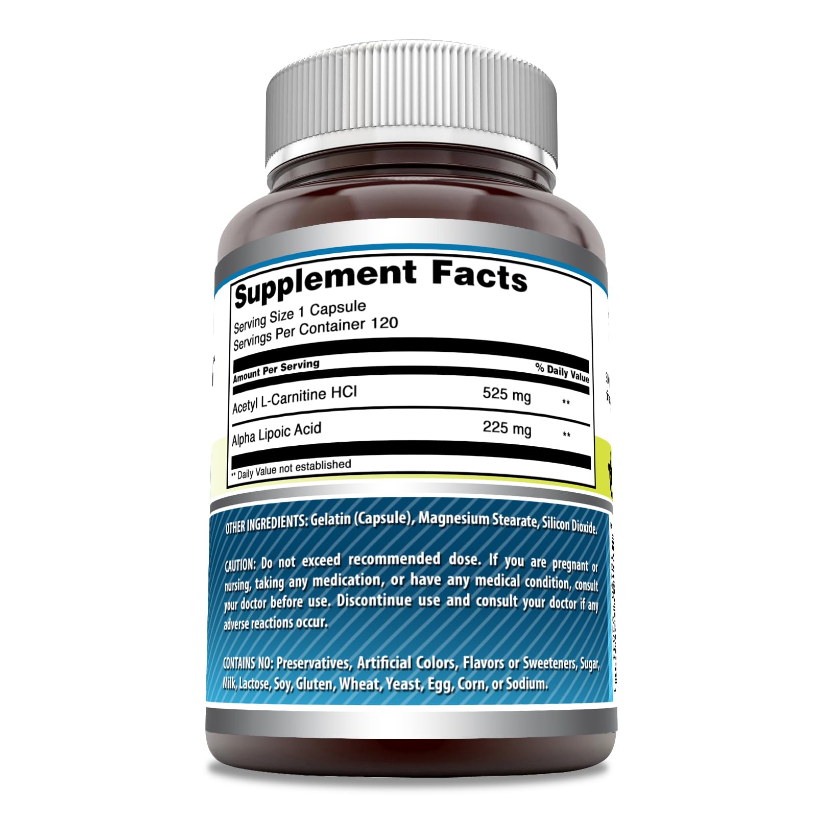 Close-up of ALA/ALC 750 mg per serving supplement label