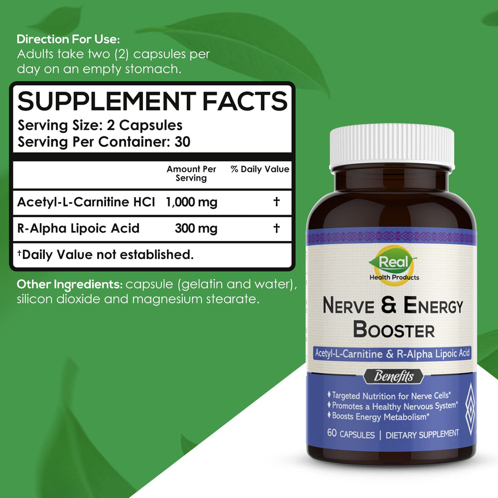 Close-up of capsules and bottle label showing ingredients ALA and Acetyl L-Carnitine