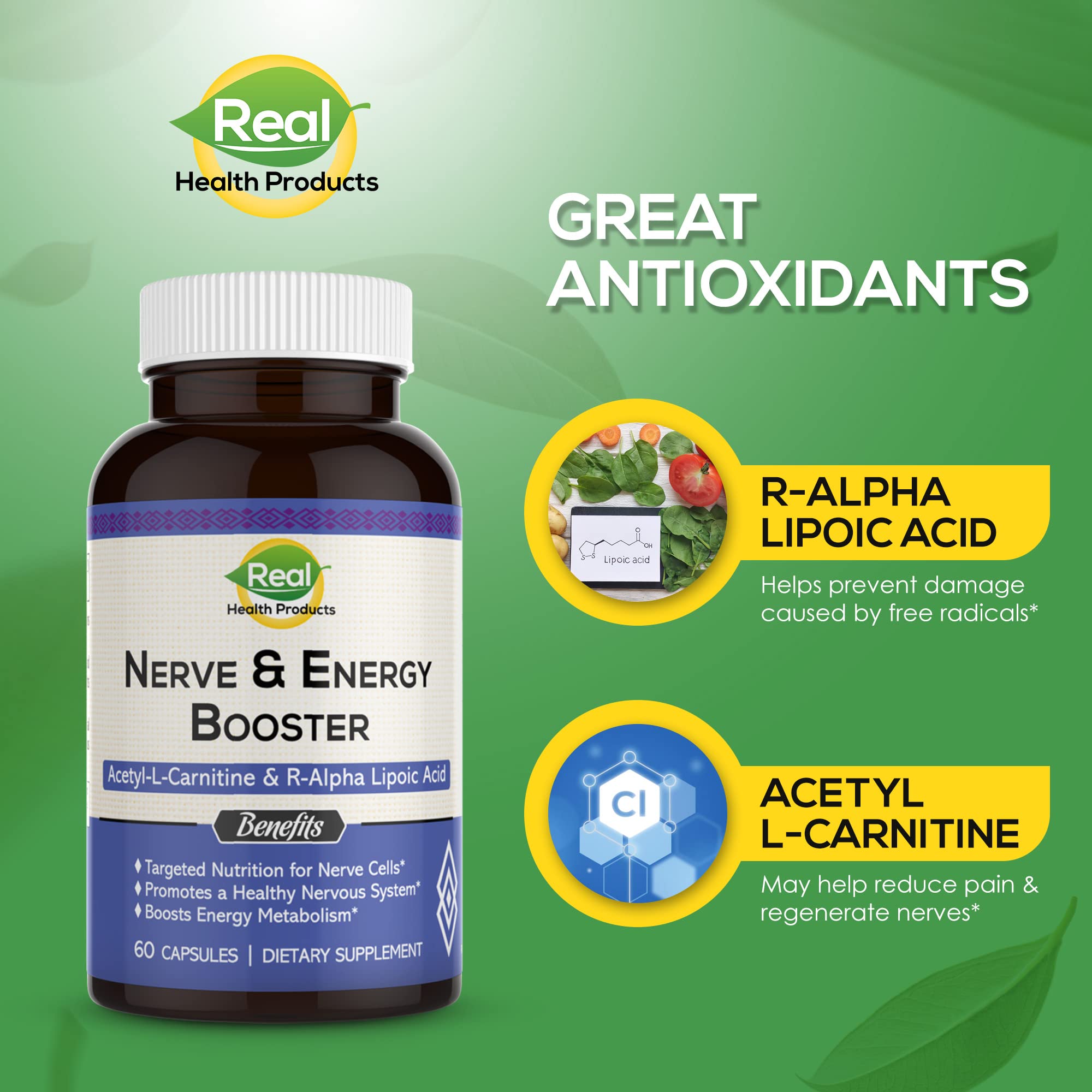 Front view of ALA Supplement bottle packaging for Nerve & Energy Booster