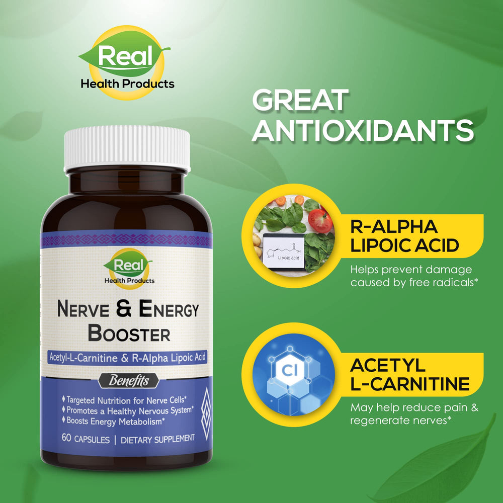 Front view of ALA Supplement bottle packaging for Nerve & Energy Booster