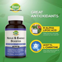 Front view of ALA Supplement bottle packaging for Nerve & Energy Booster