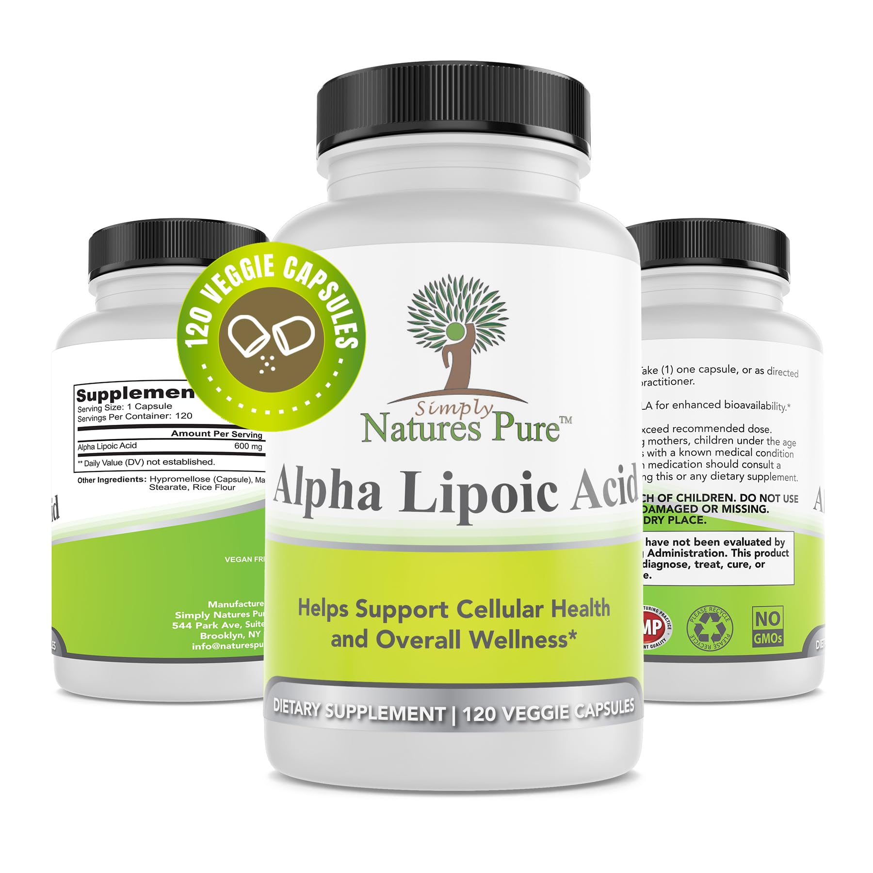 Bottle of alpha lipoic acid 600mg with 120 veggie capsules.
