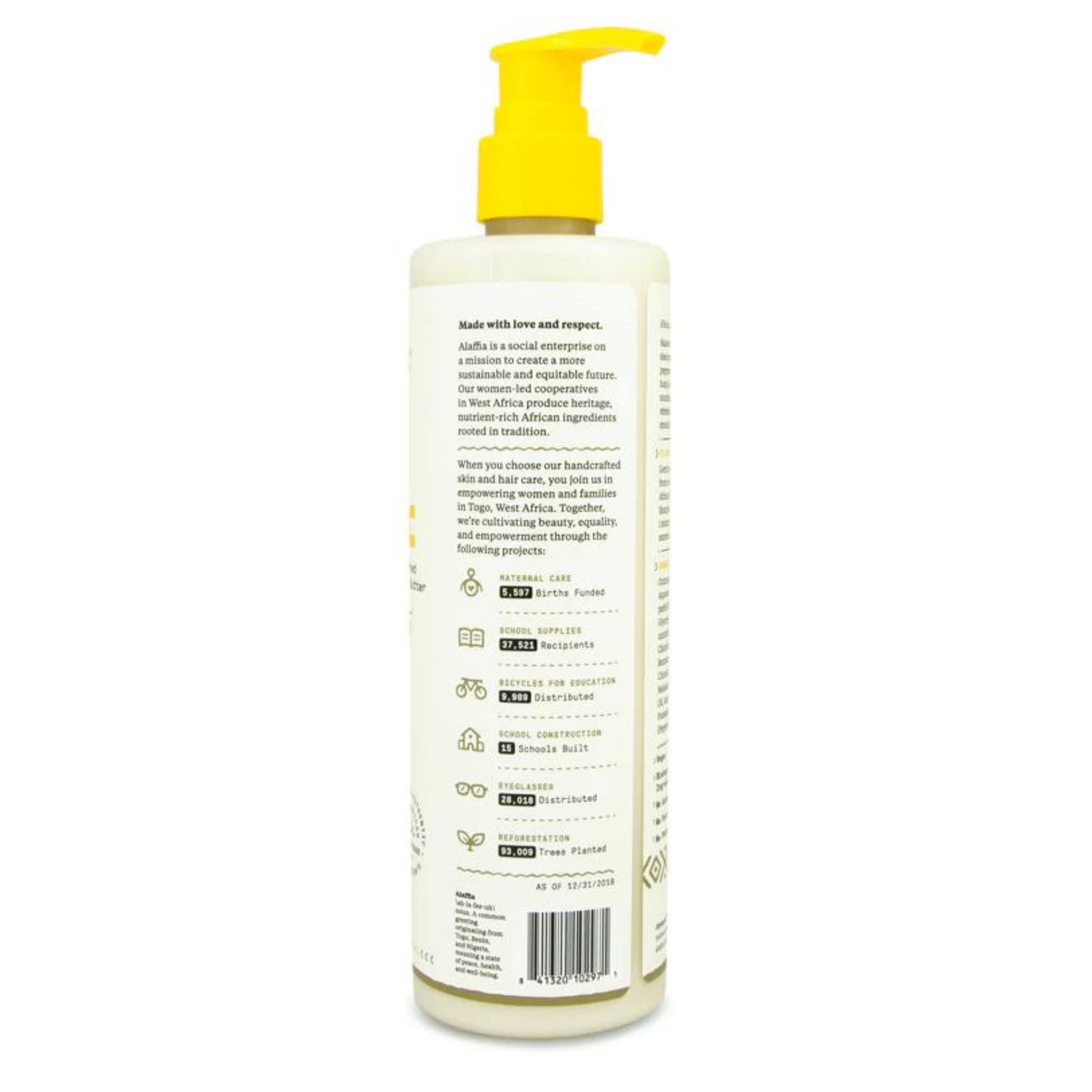 Alaffia label detail highlights sulfate-free, cruelty-free formula for gentle conditioning